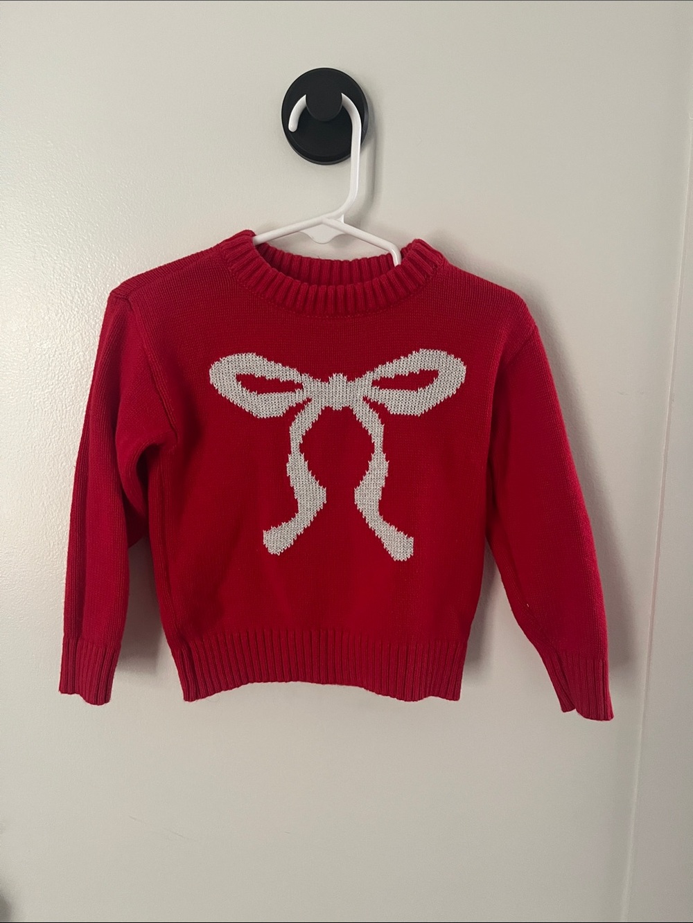 Girls EUC Red Knit Sweater with White Bow Motif